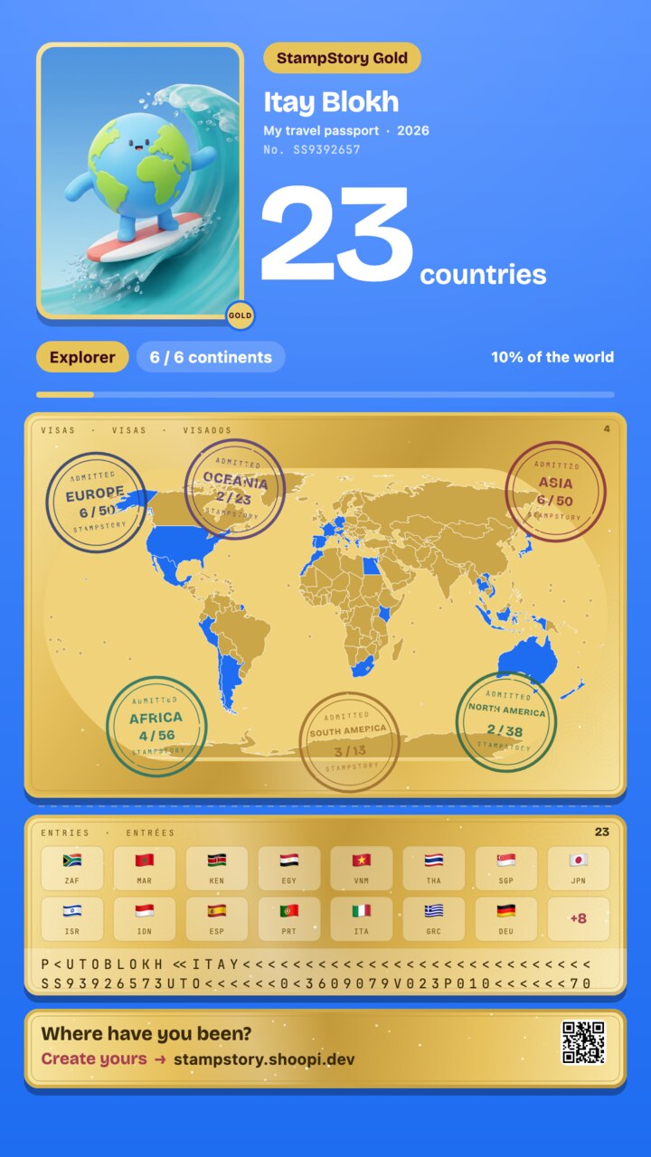 The Gold StampStory passport card on brushed gold paper