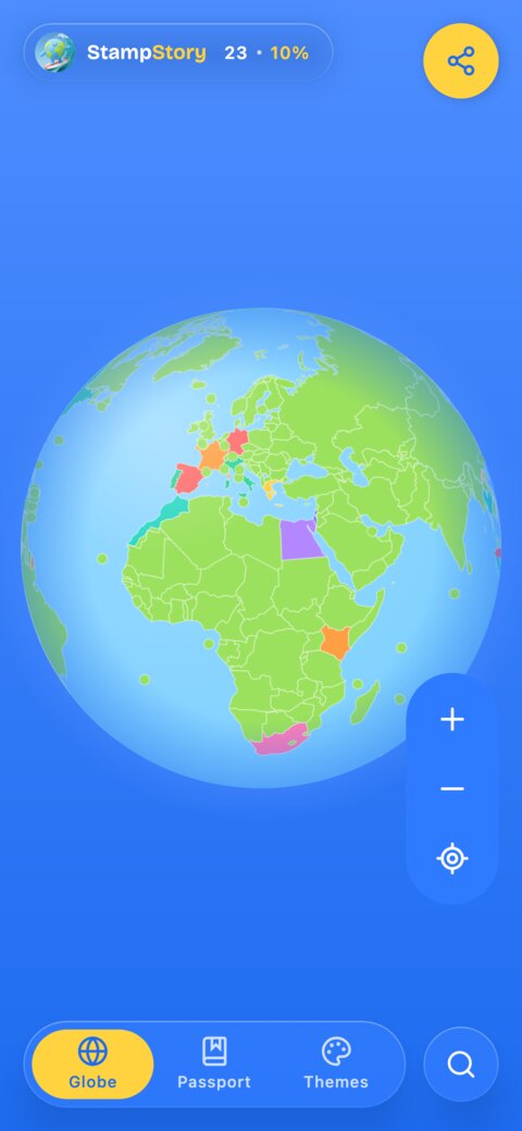 The StampStory globe with visited countries filled in