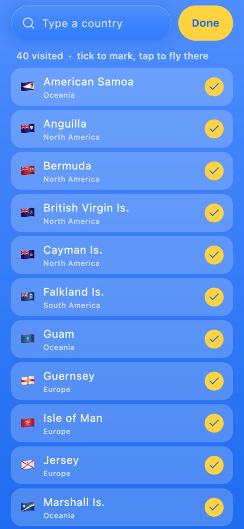 The country checklist, ticking off visited countries
